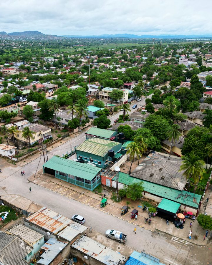 Aerial view of a Mozambique town and the growing land around it